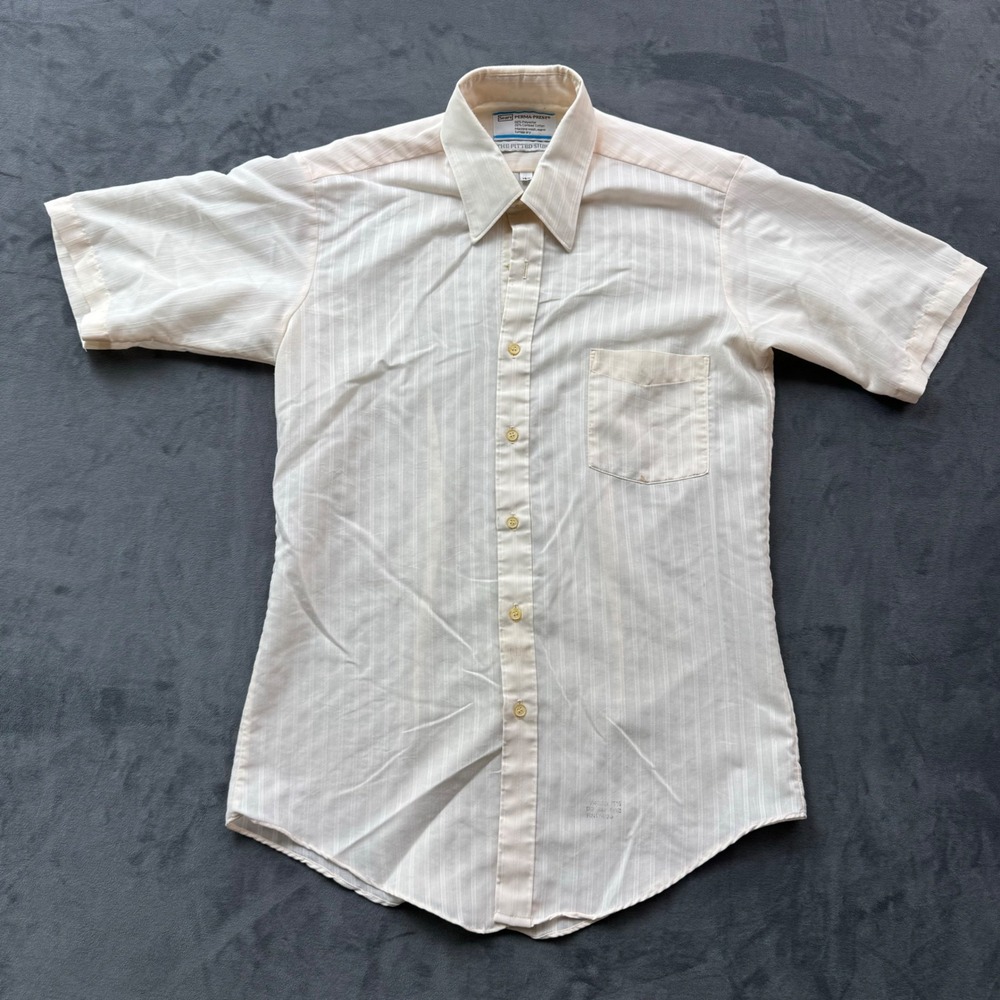 Vintage Sears Perma-Prest The Fitted Shirt Short Sleeve Stripe Cream 15.5 M